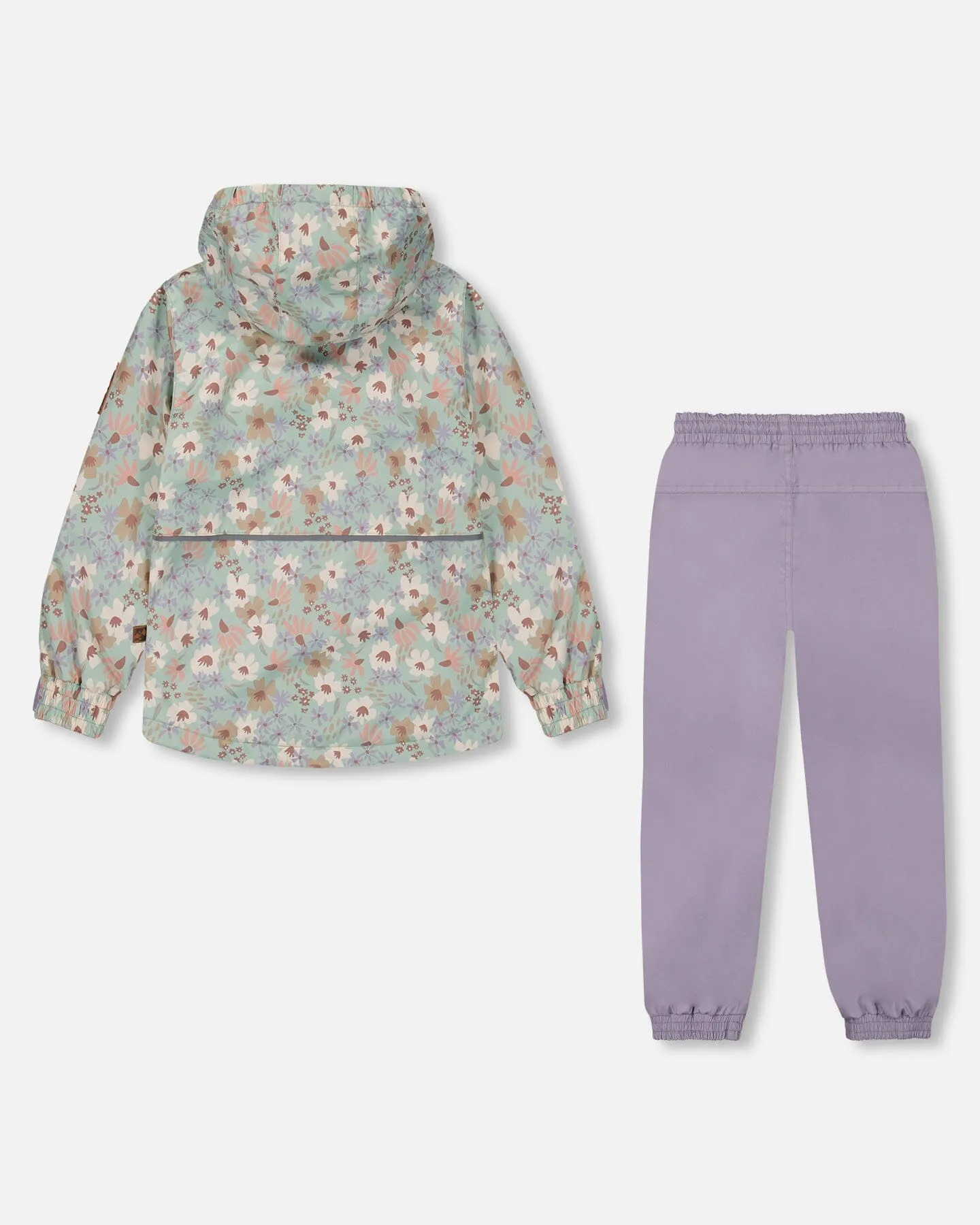 Printed Jacket Two-Piece Mid-Season Outerwear Set Small White Flowers On Turquoise And Lilac.