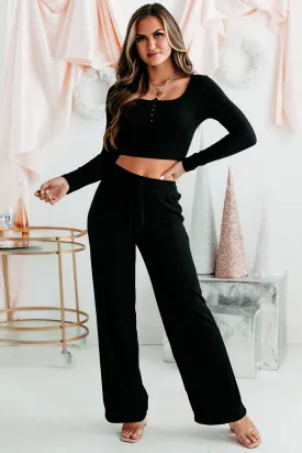 Quick Snooze Ribbed Crop Top & Pants Set (Black)