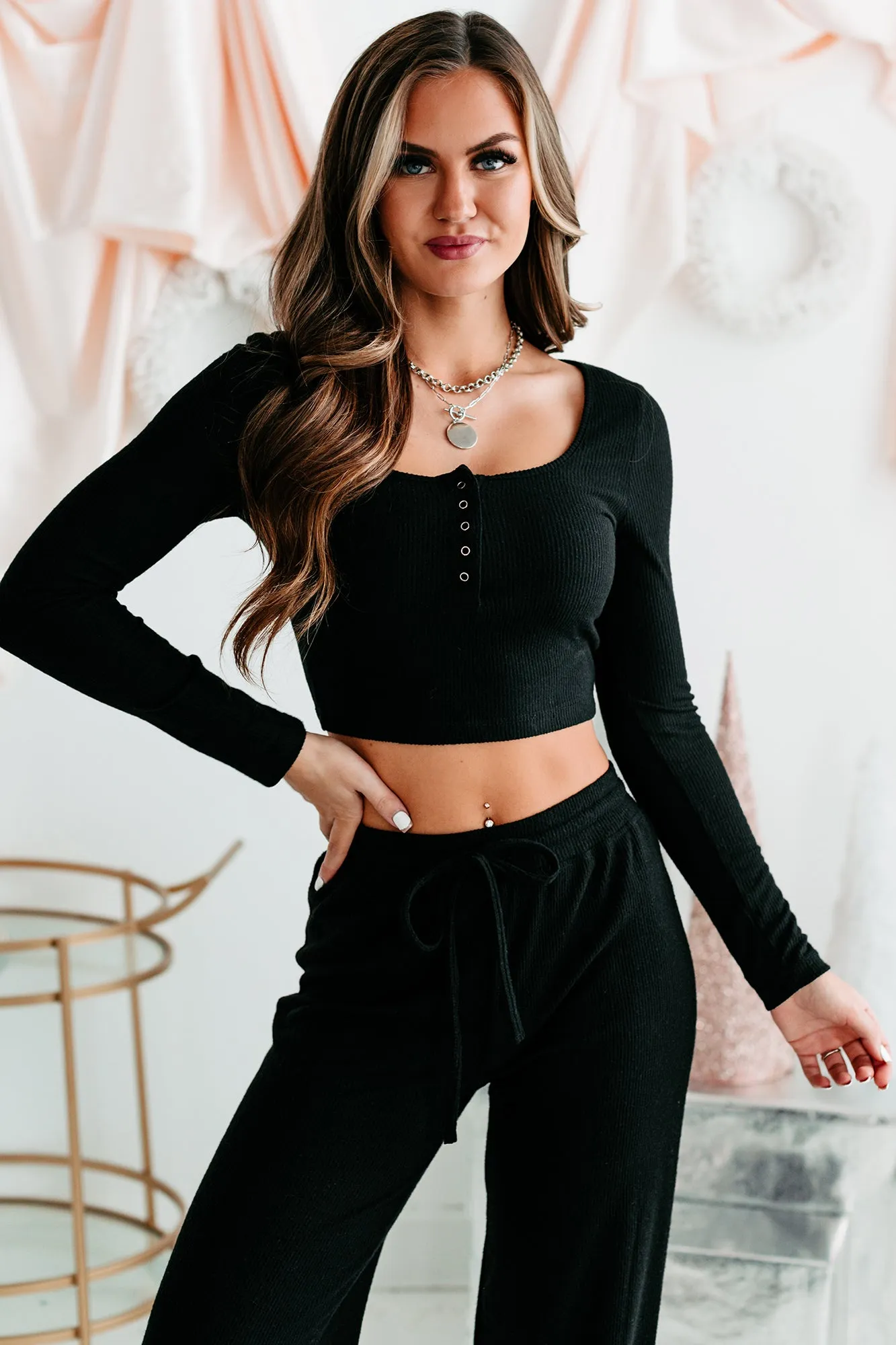 Quick Snooze Ribbed Crop Top & Pants Set (Black)
