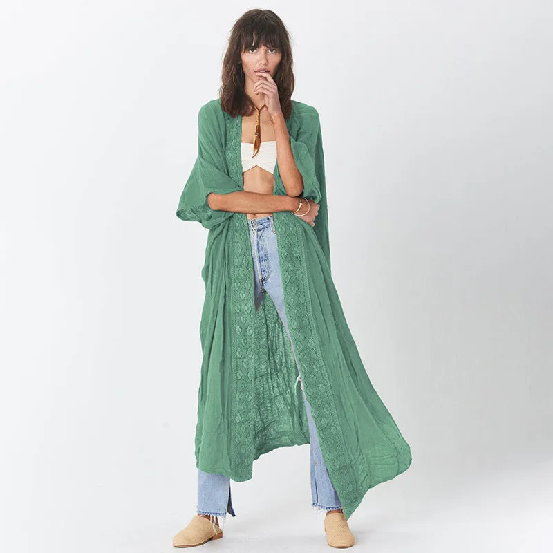 Rust Red Lace Cardigan Loose Beach Sun Protection Coat Beach Cover Up Swimsuit Outwear Women