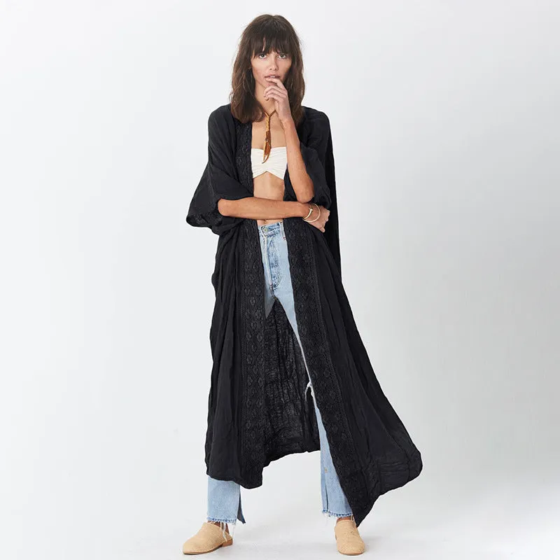 Rust Red Lace Cardigan Loose Beach Sun Protection Coat Beach Cover Up Swimsuit Outwear Women