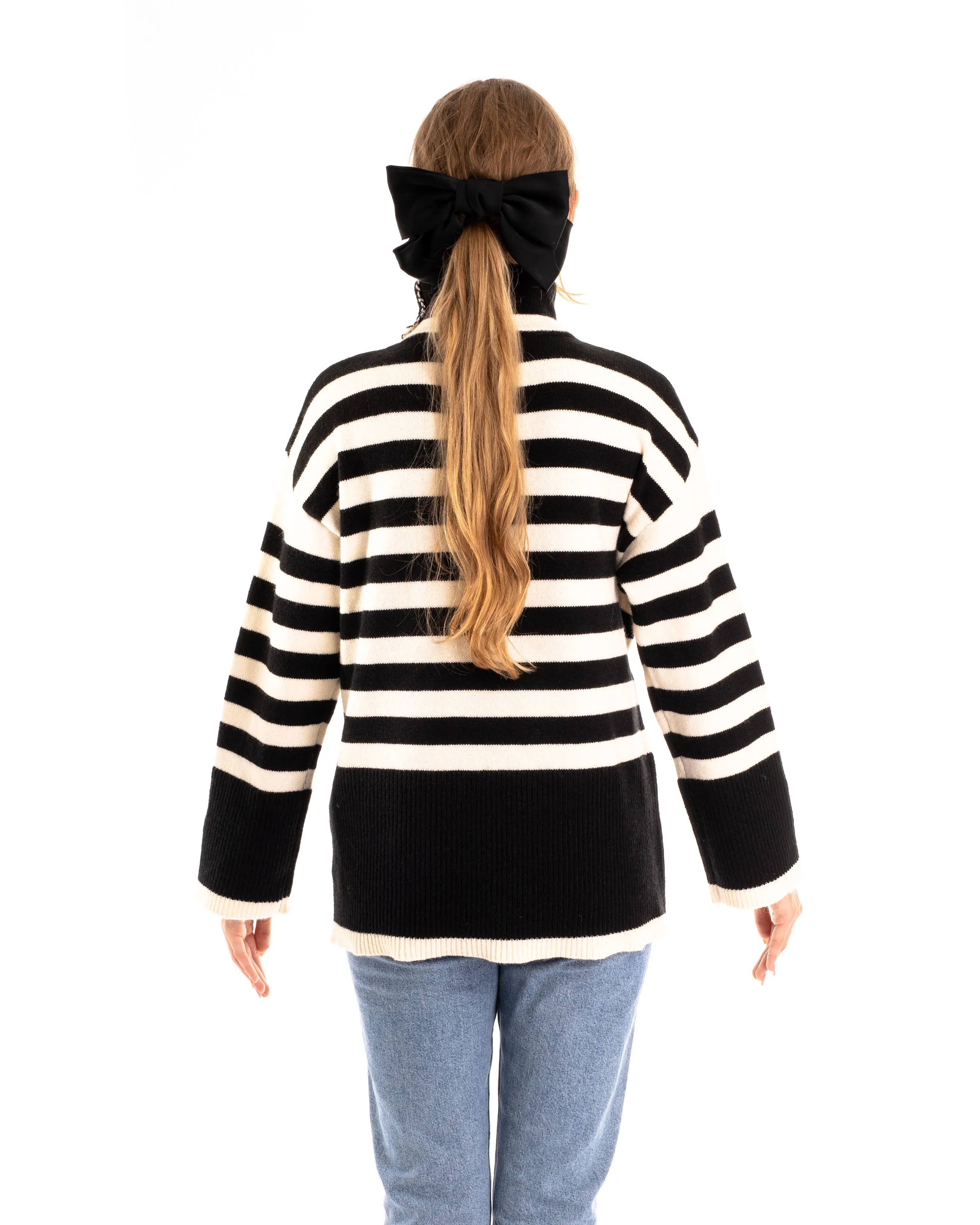 Soft Knit Striped roll-neck design cozy wool-blended jumper in black