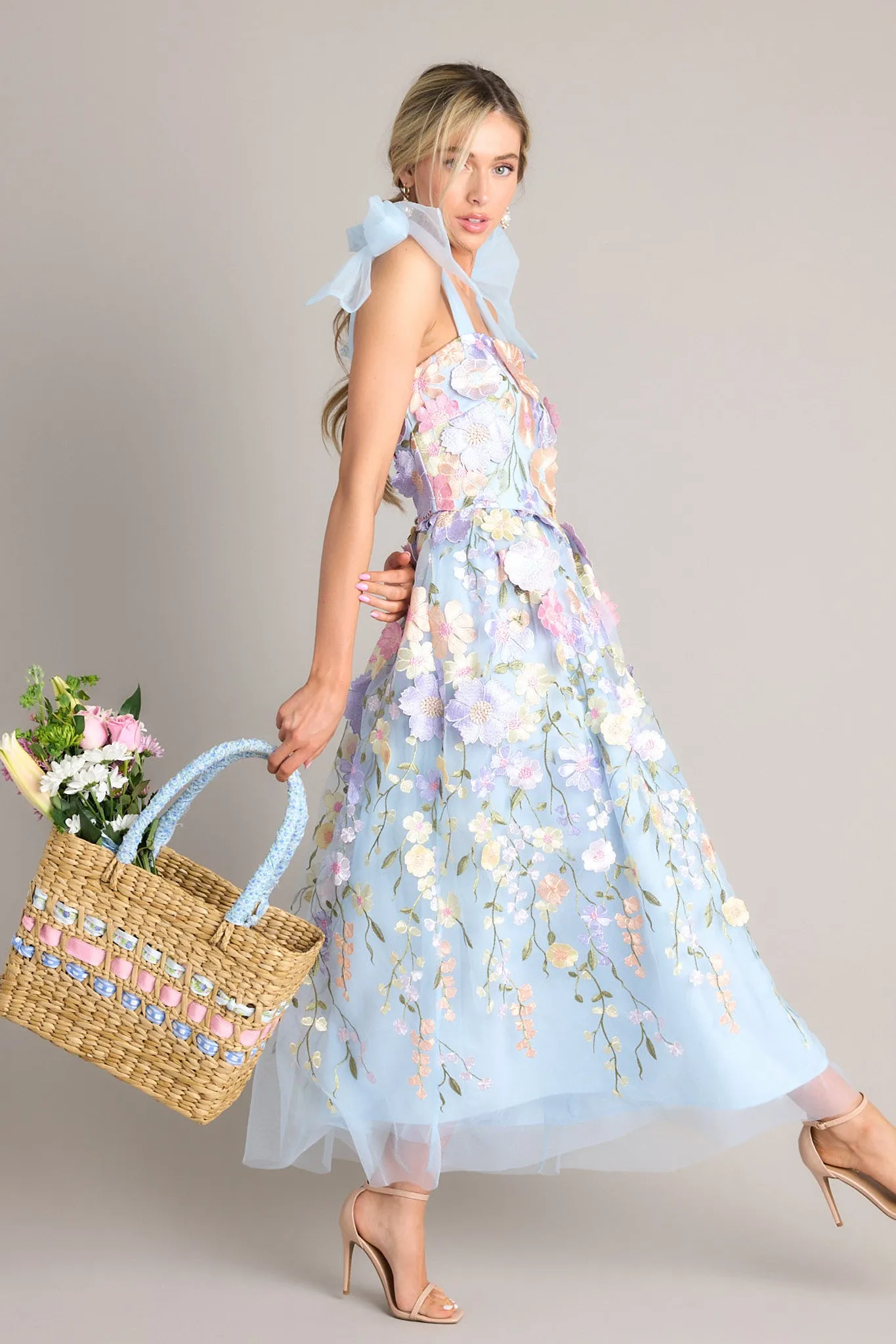 Spirit of Spring Light Blue Floral Embroidered Maxi Dress