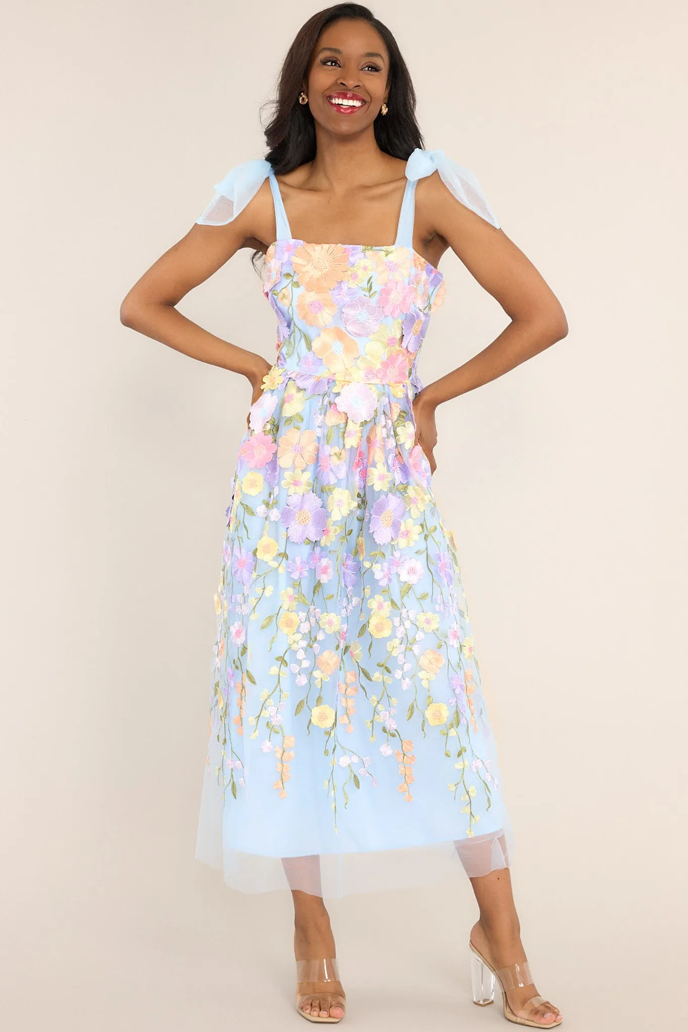 Spirit of Spring Light Blue Floral Embroidered Maxi Dress