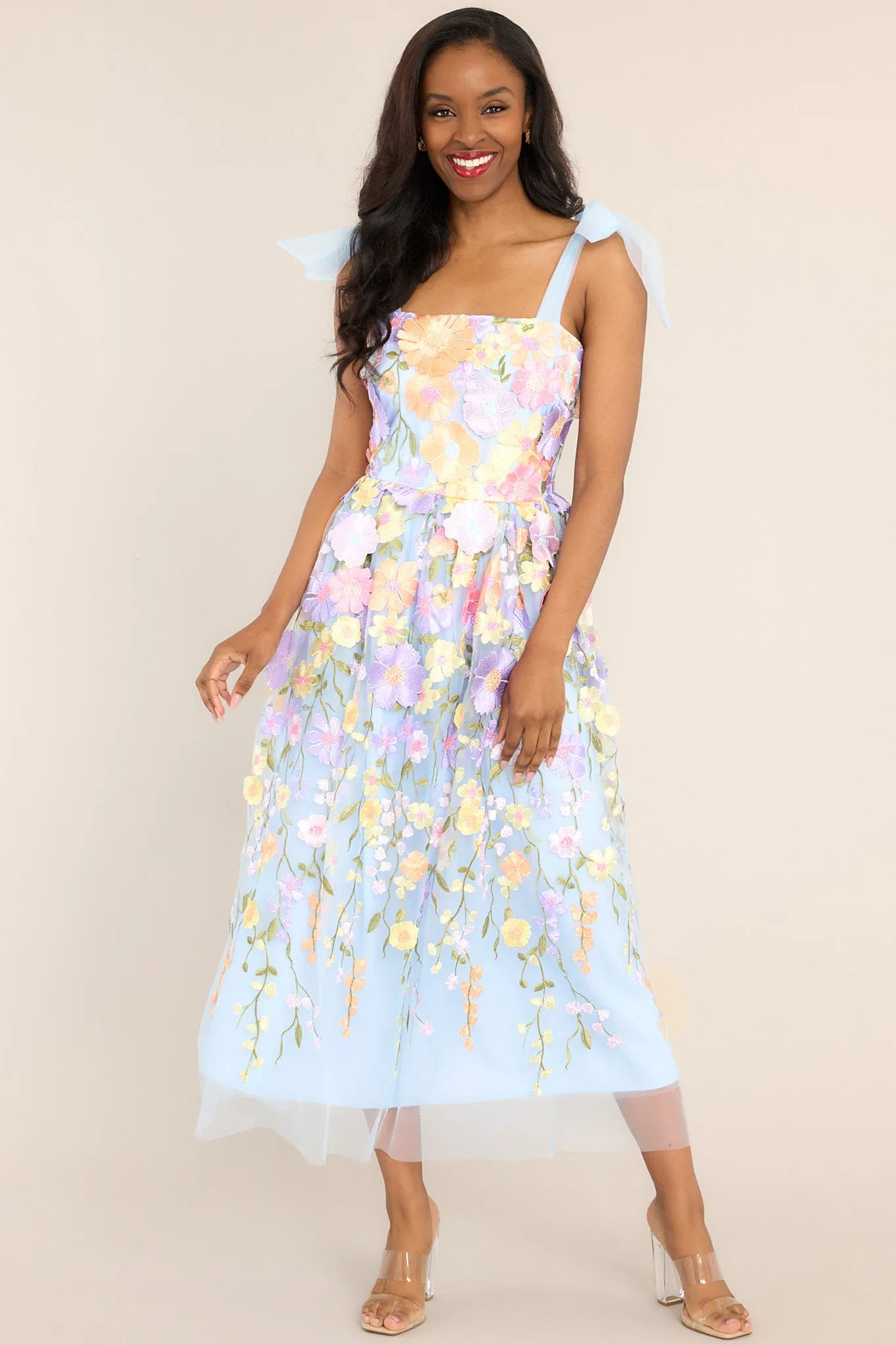 Spirit of Spring Light Blue Floral Embroidered Maxi Dress