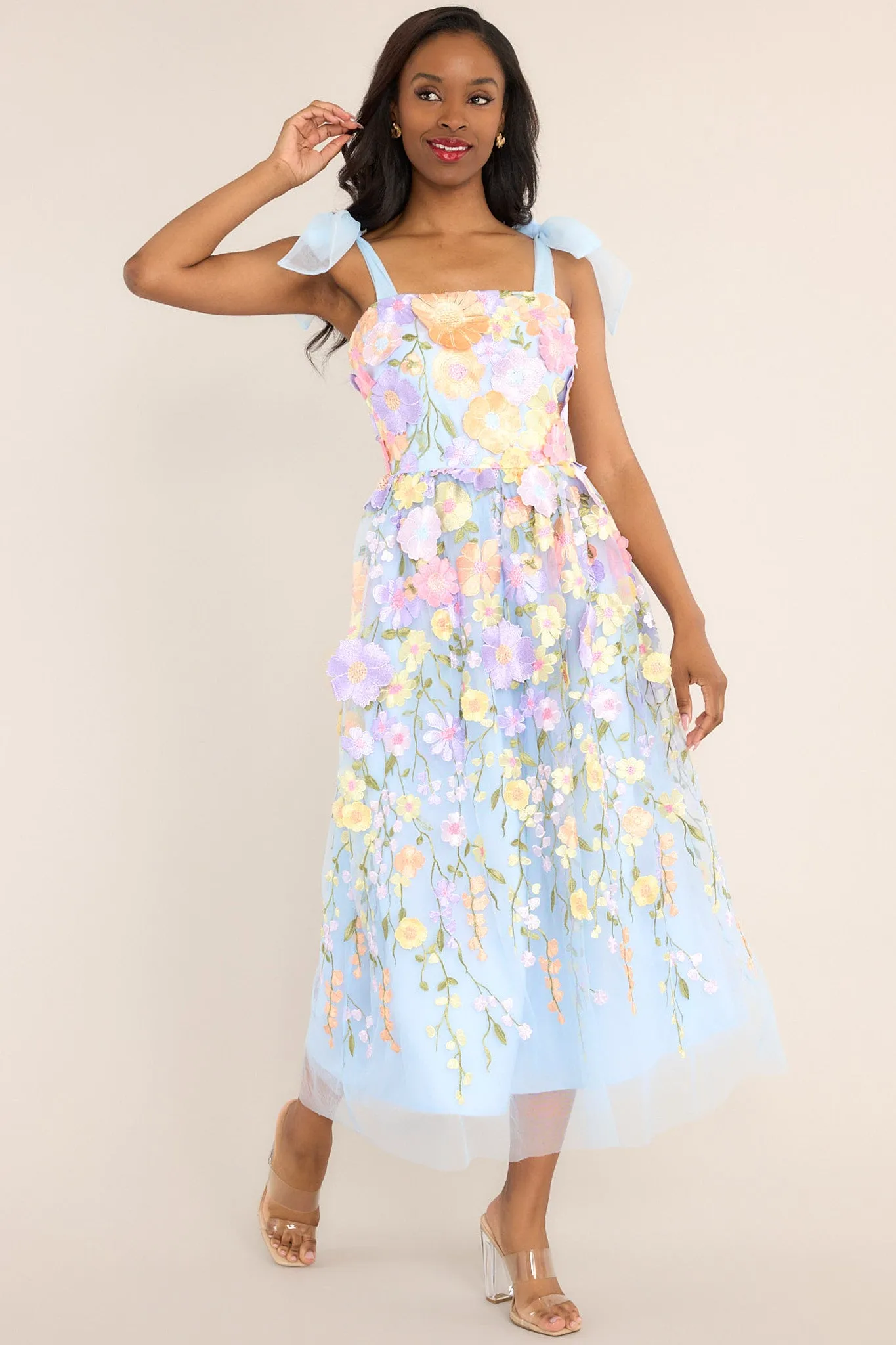 Spirit of Spring Light Blue Floral Embroidered Maxi Dress