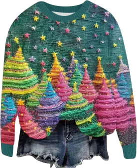 Ugly Christmas Sweater Women Funny Christmas Graphic Crewneck Long Sleeve Knit Sweatshirts Cute Xmas Holiday Pullover