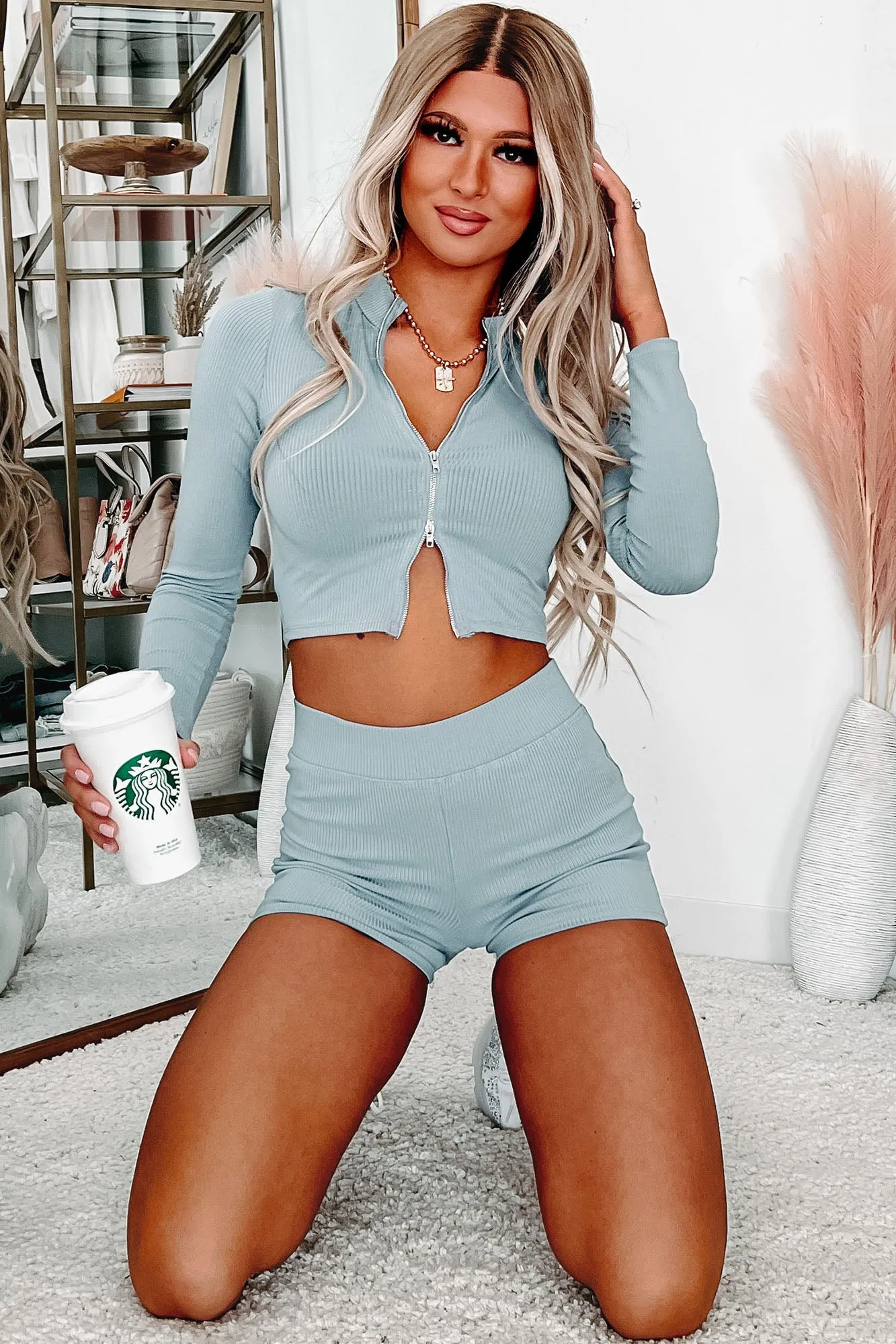 Watch Her Move Ribbed Two-Piece Set (Chambray Blue)
