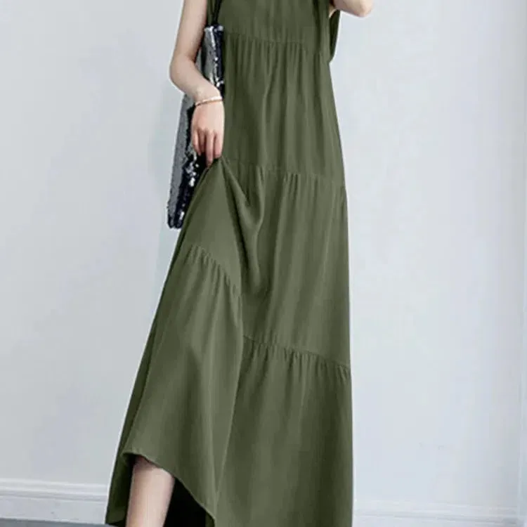 Women Summer Maxi Long Dress Elegant O Neck Sleeveless Sundress Stylish Solid Ruffles Party Dress for Effortless Chic