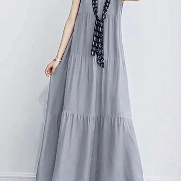 Women Summer Maxi Long Dress Elegant O Neck Sleeveless Sundress Stylish Solid Ruffles Party Dress for Effortless Chic