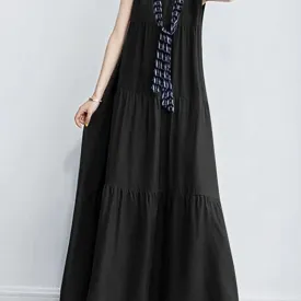 Women Summer Maxi Long Dress Elegant O Neck Sleeveless Sundress Stylish Solid Ruffles Party Dress for Effortless Chic