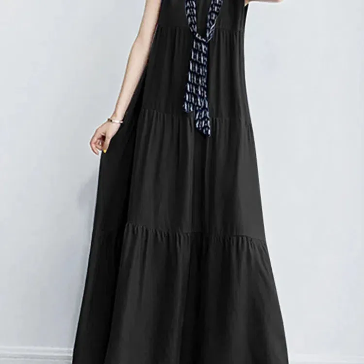 Women Summer Maxi Long Dress Elegant O Neck Sleeveless Sundress Stylish Solid Ruffles Party Dress for Effortless Chic