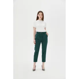 Women Wmt-Lifti-Casual Tapered Trouser With D-Ring Self Fabric Belt & Cuffed Bottoms - Dk-Green