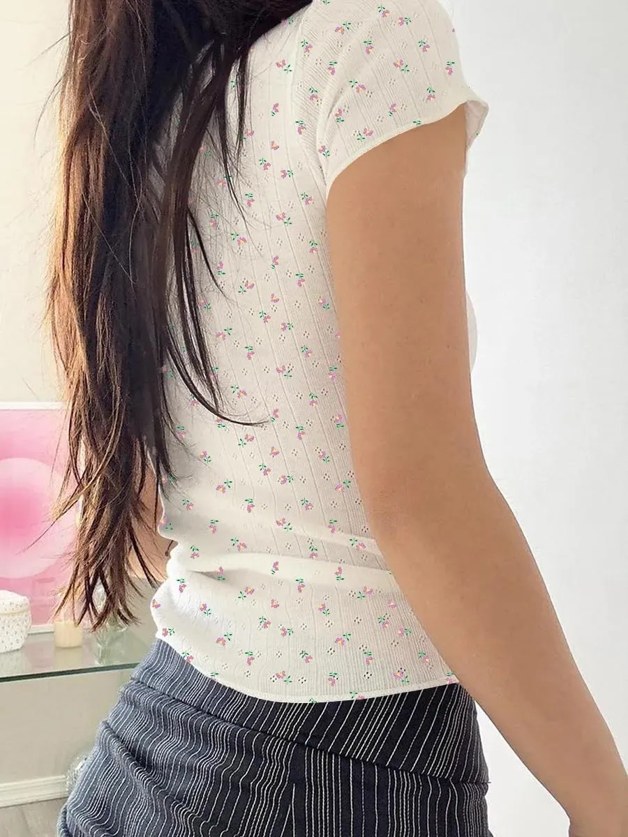 Women Y2K Lace Patchwork Pointelle Knit Short Sleeve Crop Tshirt Sexy Scoop Neck Bow Fitted Aesthetic Tee Tops