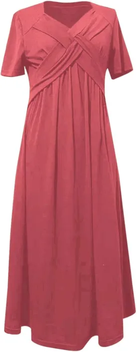 Women's Boho Floral Flowy A Line Midi Dress Casual Summer Short Sleeve Beach Vacation Dresses with Pockets