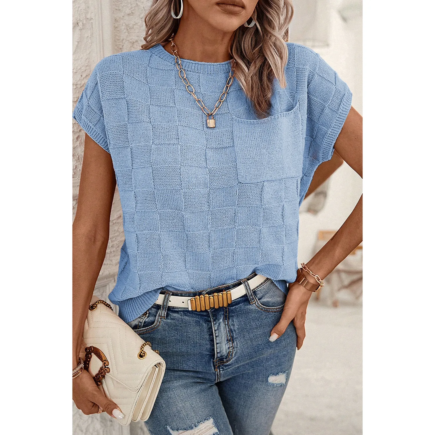 Women's Cap Sleeve Lightweight Crewneck Knit Tops-Sky Blue