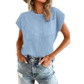 Women's Cap Sleeve Lightweight Crewneck Knit Tops-Sky Blue