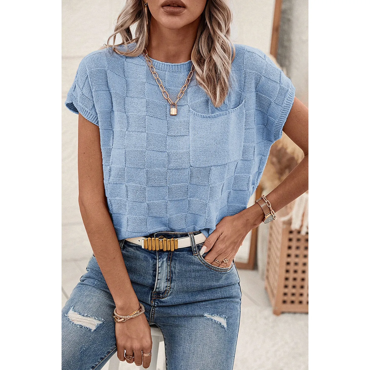 Women's Cap Sleeve Lightweight Crewneck Knit Tops-Sky Blue