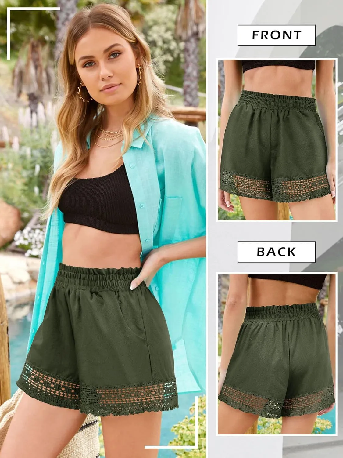 Women's Casual Elastic Waist Yoga Lounge Shorts - Comfy Stretch Lace Trim Summer Beach Linen Ruffle Shorts