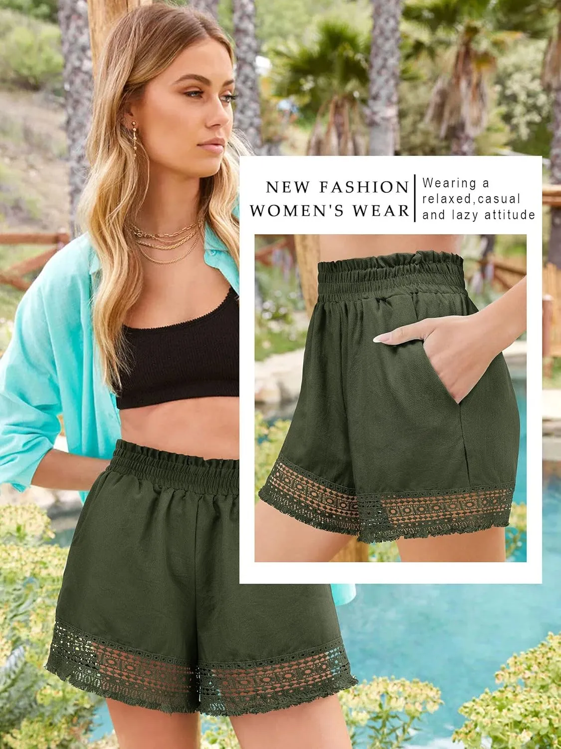 Women's Casual Elastic Waist Yoga Lounge Shorts - Comfy Stretch Lace Trim Summer Beach Linen Ruffle Shorts