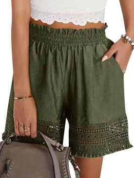 Women's Casual Elastic Waist Yoga Lounge Shorts - Comfy Stretch Lace Trim Summer Beach Linen Ruffle Shorts