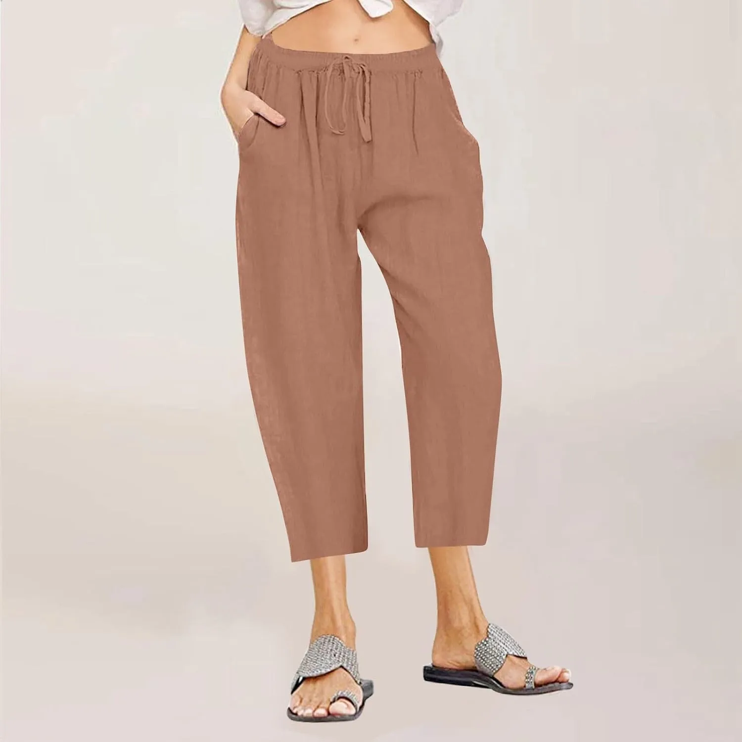Women's Casual Linen Capri Pants Drawstring Elastic Waist Wide Leg Pants Lightweight Loose Comfy Cropped Trousers