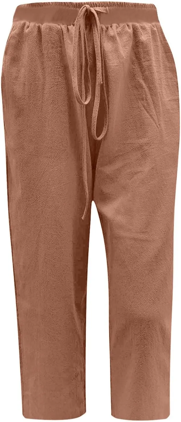 Women's Casual Linen Capri Pants Drawstring Elastic Waist Wide Leg Pants Lightweight Loose Comfy Cropped Trousers