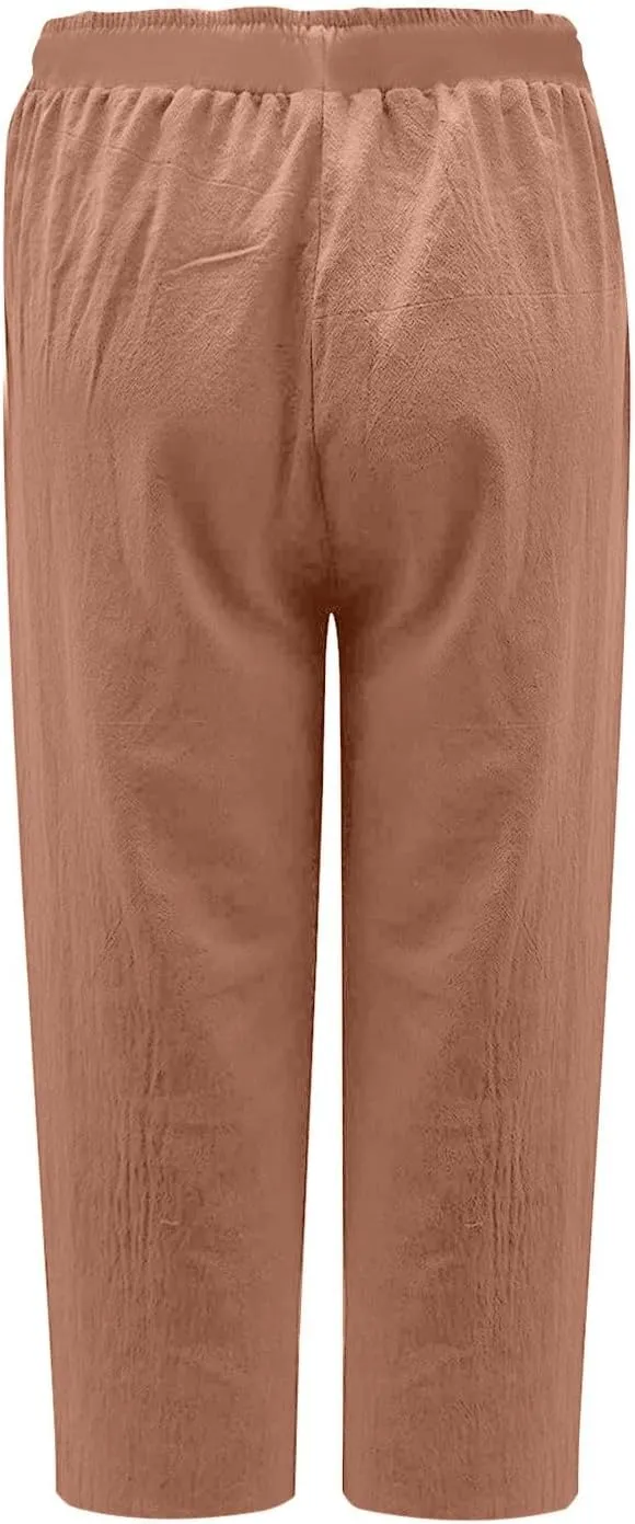 Women's Casual Linen Capri Pants Drawstring Elastic Waist Wide Leg Pants Lightweight Loose Comfy Cropped Trousers