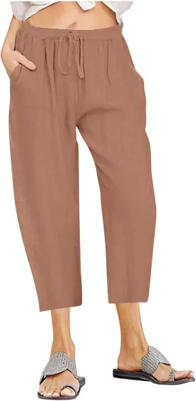 Women's Casual Linen Capri Pants Drawstring Elastic Waist Wide Leg Pants Lightweight Loose Comfy Cropped Trousers