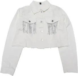 Women's Cropped Jean Jackets Long Sleeve Frayed Hem Tassel Fringe Denim Jacket