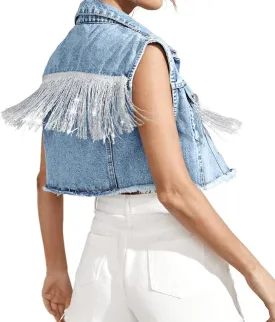 Women's Fringe Denim Vest  Sleeveless Jean Jacket with Raw Hem, Western Casual Cropped Coat for Layered Street