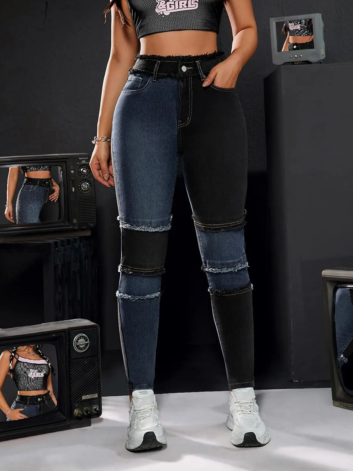 Women's High Waist Patchwork Jeans Fashion Skinny Stretch Denim Pants