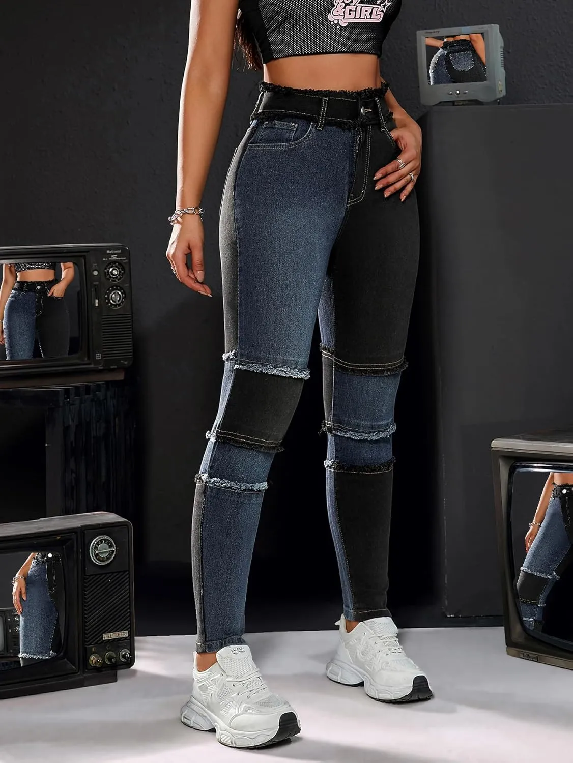 Women's High Waist Patchwork Jeans Fashion Skinny Stretch Denim Pants