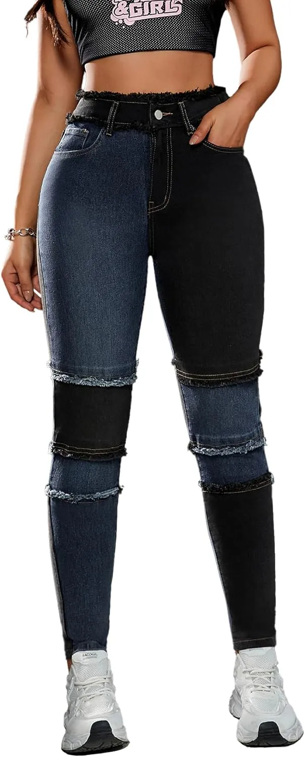 Women's High Waist Patchwork Jeans Fashion Skinny Stretch Denim Pants