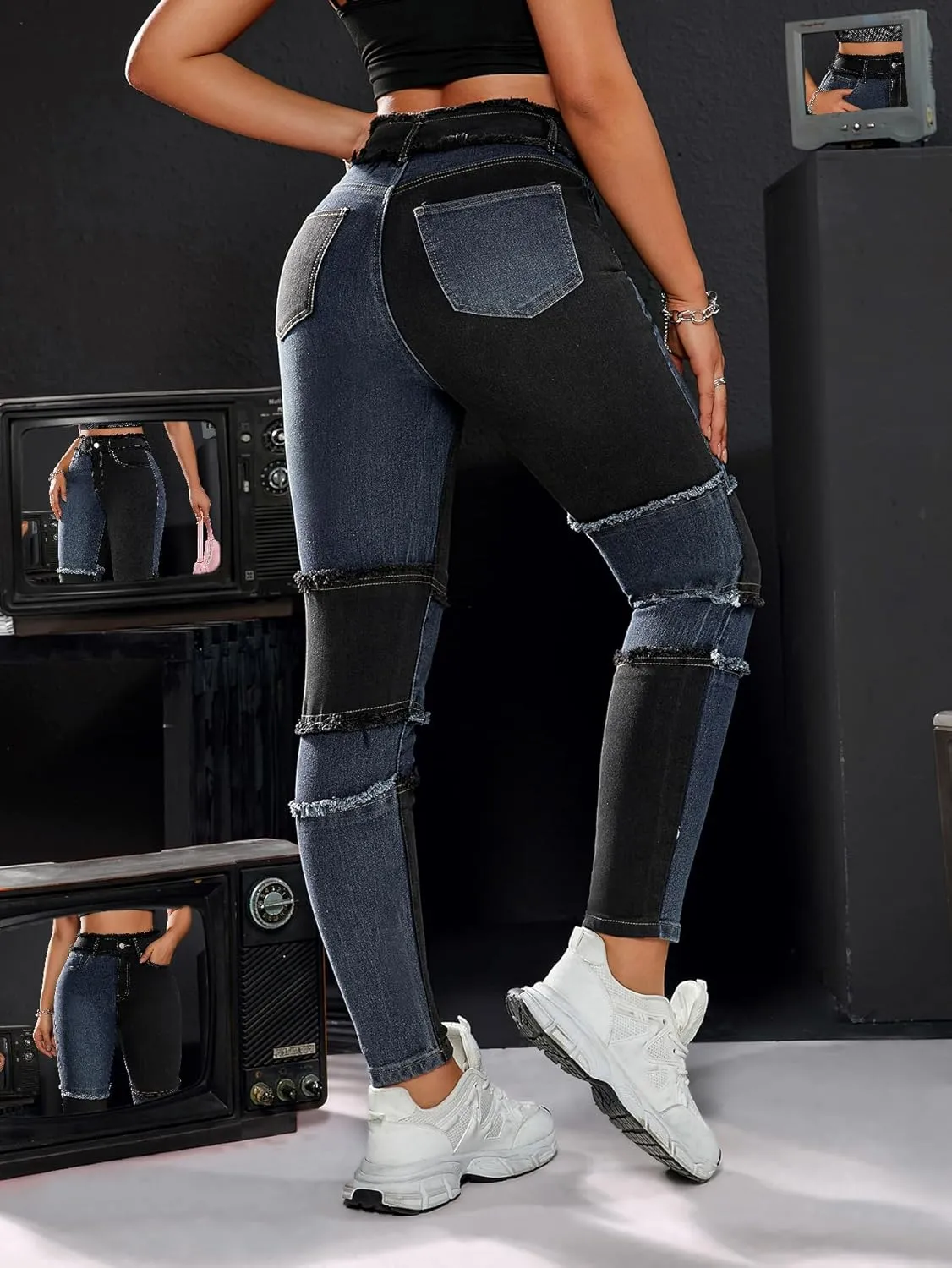 Women's High Waist Patchwork Jeans Fashion Skinny Stretch Denim Pants