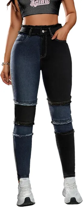 Women's High Waist Patchwork Jeans Fashion Skinny Stretch Denim Pants