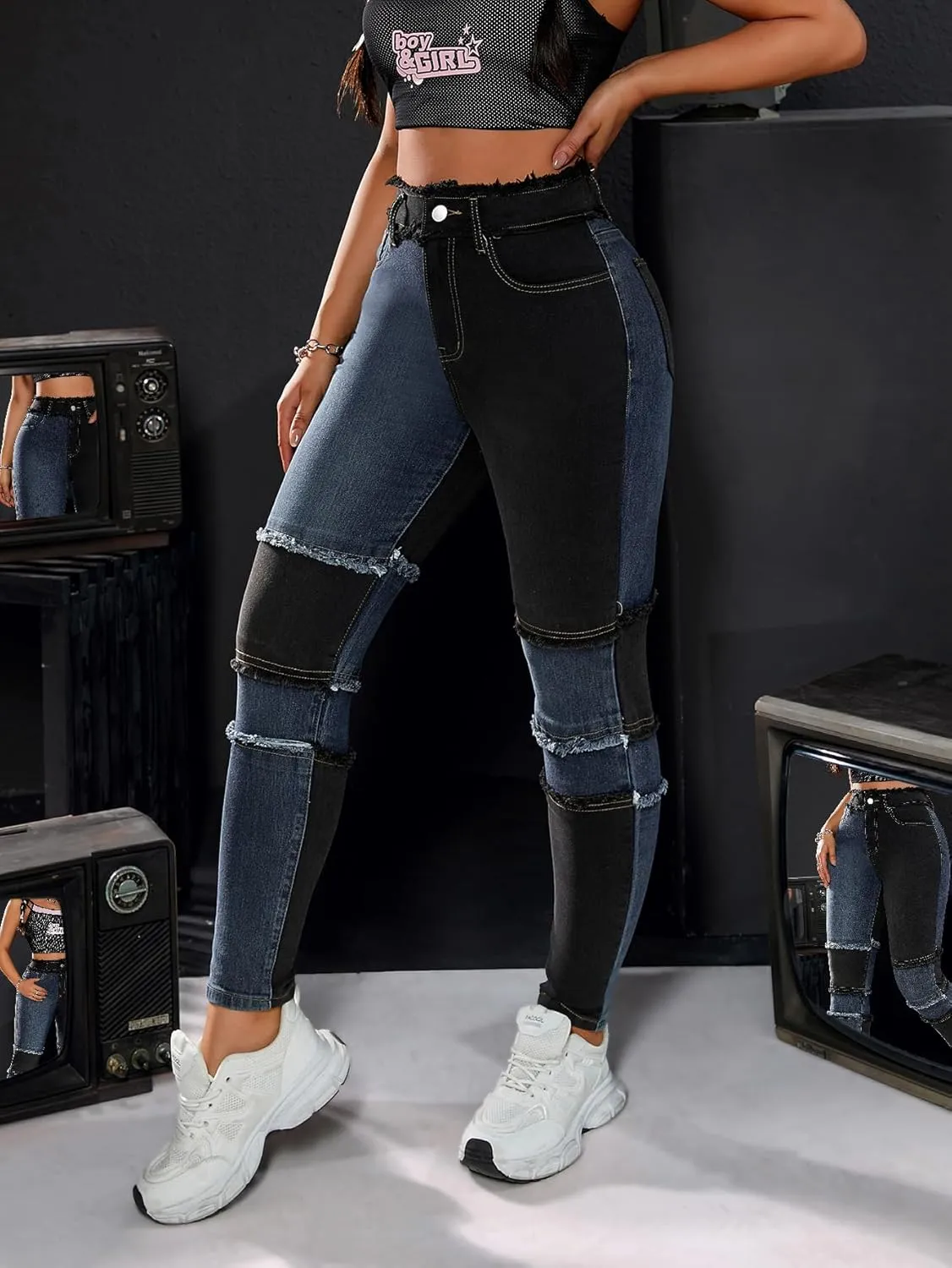 Women's High Waist Patchwork Jeans Fashion Skinny Stretch Denim Pants