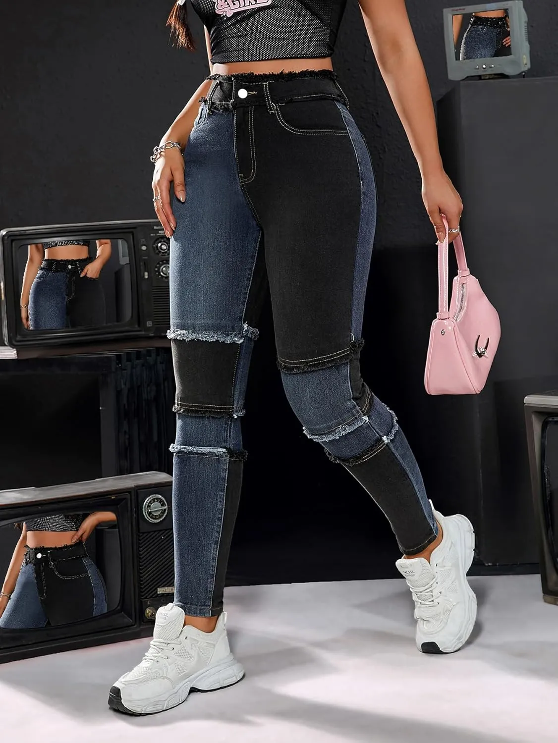 Women's High Waist Patchwork Jeans Fashion Skinny Stretch Denim Pants