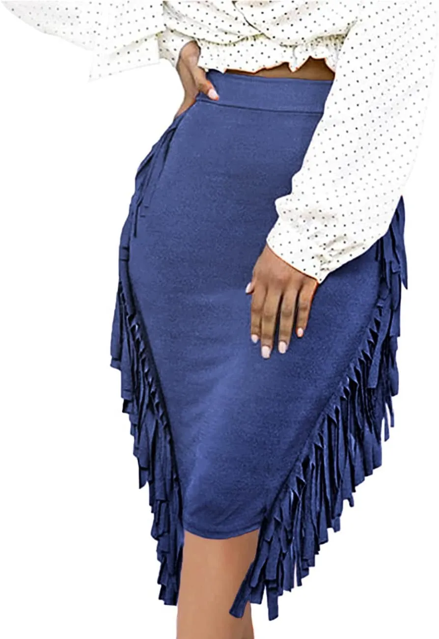 Women's High Waist Side Tassels Fringe Bodycon Pencil Midi Skirt