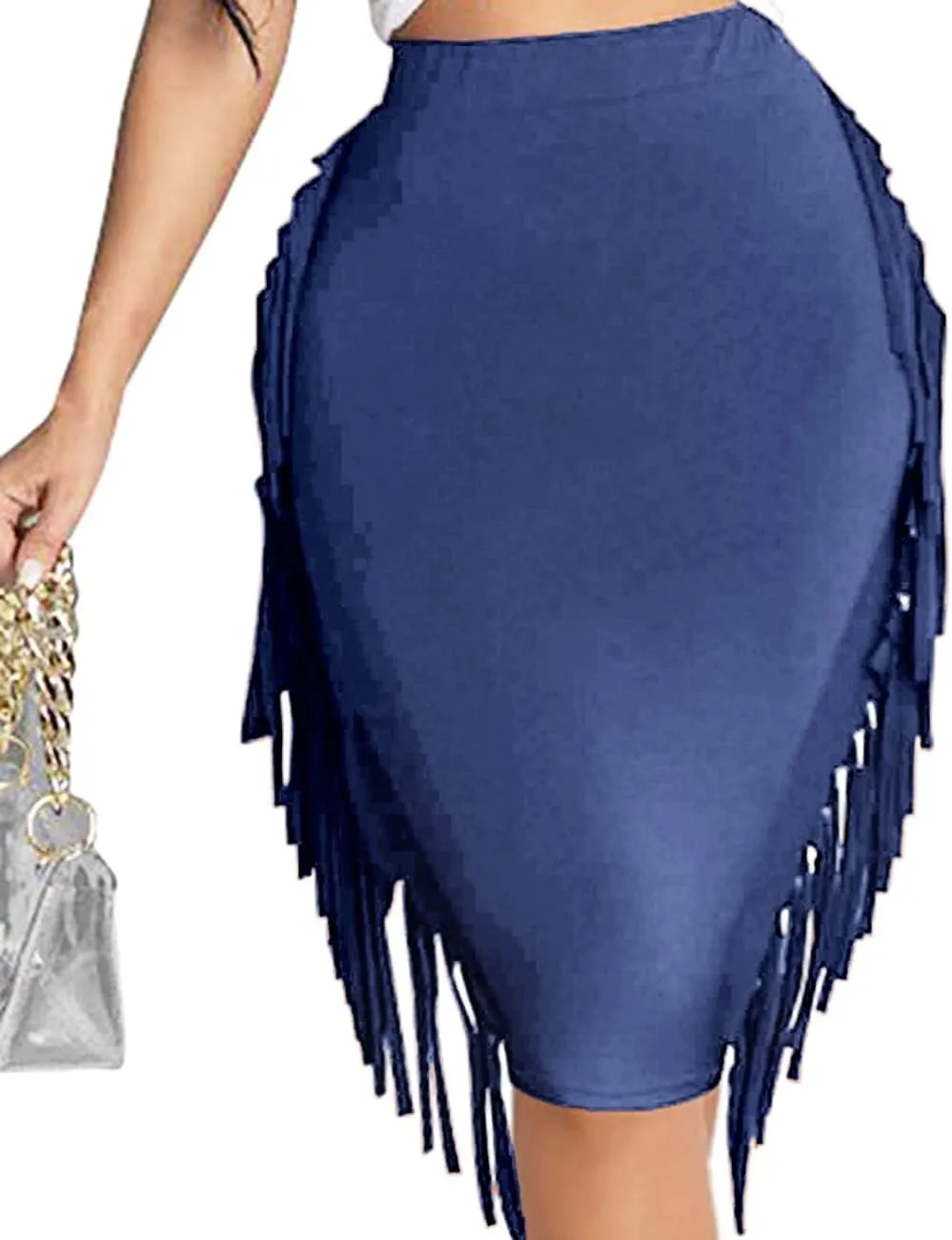 Women's High Waist Side Tassels Fringe Bodycon Pencil Midi Skirt