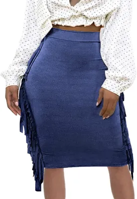Women's High Waist Side Tassels Fringe Bodycon Pencil Midi Skirt