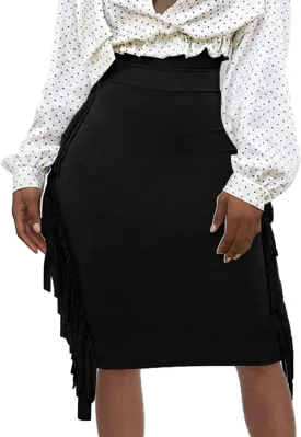 Women's High Waist Side Tassels Fringe Bodycon Pencil Midi Skirt