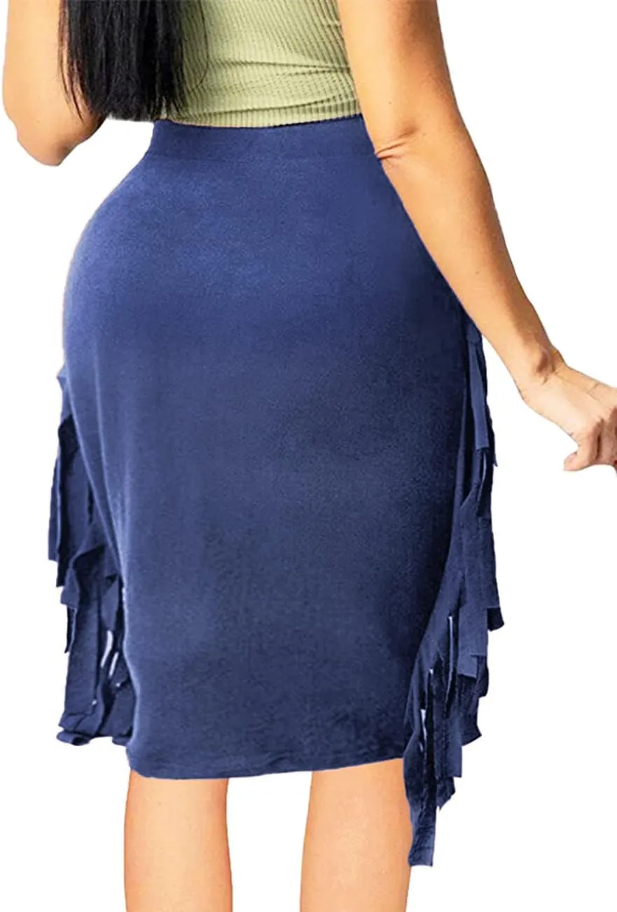 Women's High Waist Side Tassels Fringe Bodycon Pencil Midi Skirt