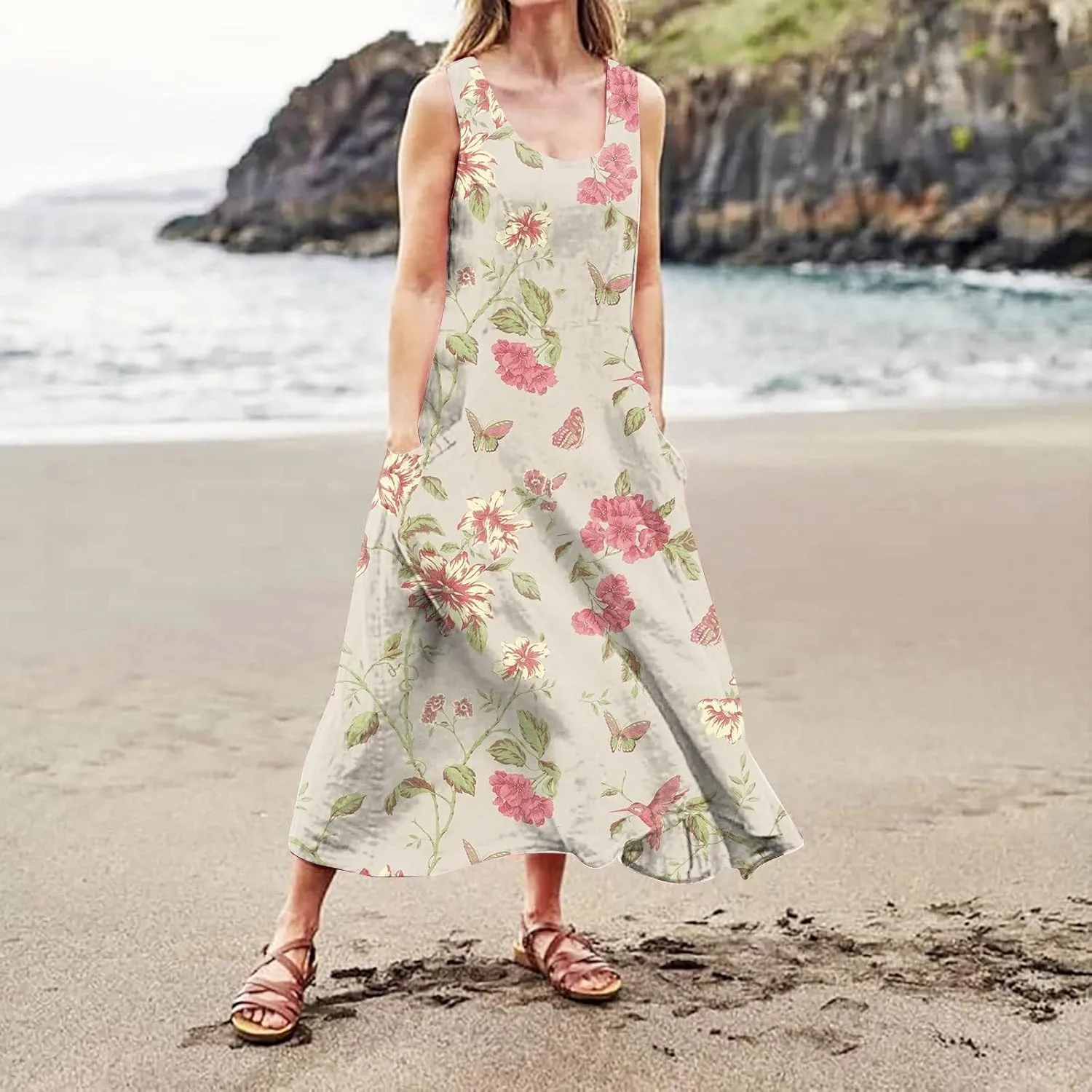 Womens Maxi Dresses Summer Casual Print Boho Cotton Linen Sundress with Pockets Loose Flowy Swing Vacation Long Dress