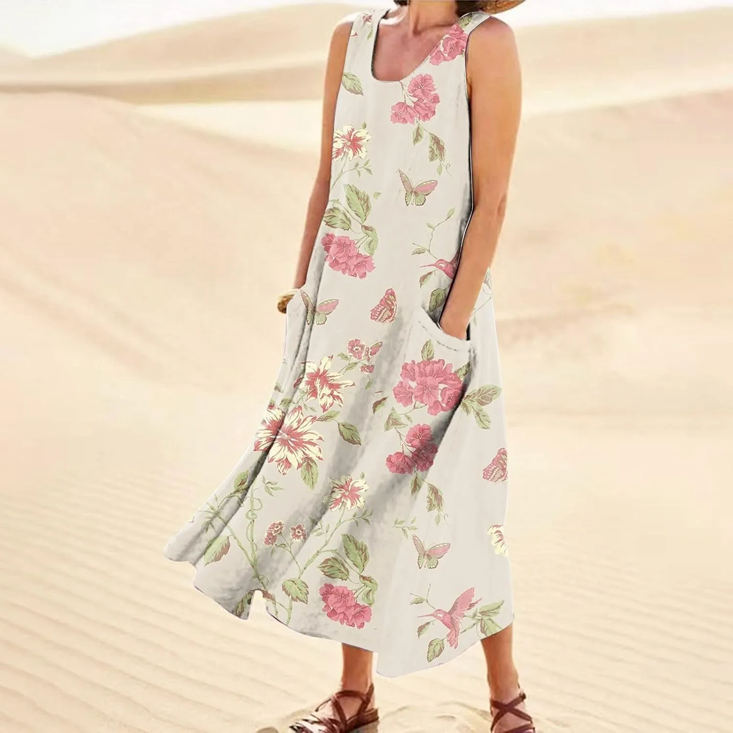 Womens Maxi Dresses Summer Casual Print Boho Cotton Linen Sundress with Pockets Loose Flowy Swing Vacation Long Dress