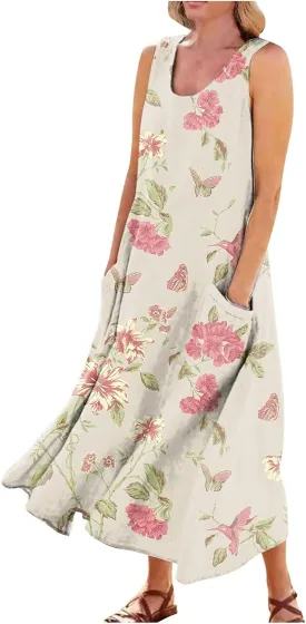 Womens Maxi Dresses Summer Casual Print Boho Cotton Linen Sundress with Pockets Loose Flowy Swing Vacation Long Dress