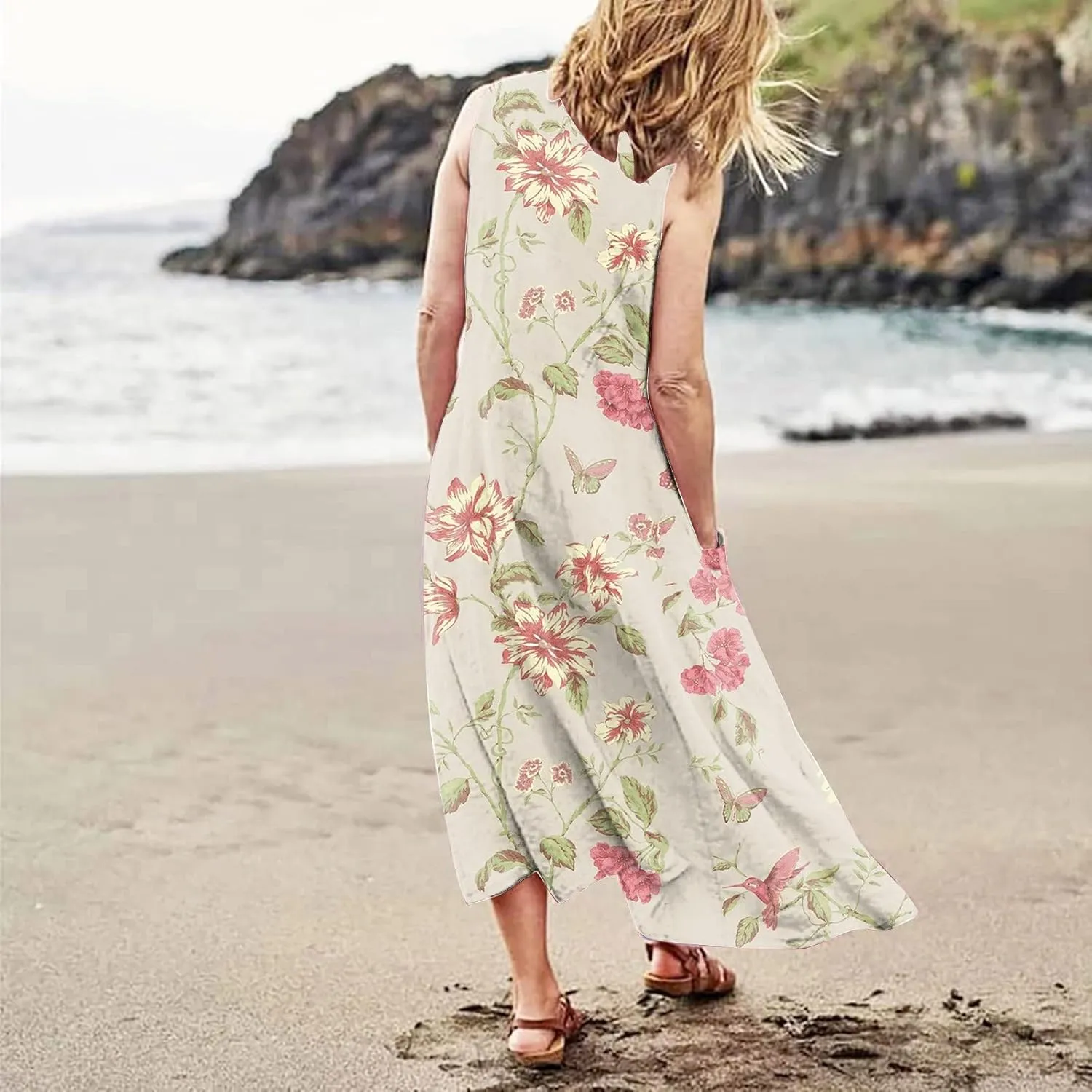 Womens Maxi Dresses Summer Casual Print Boho Cotton Linen Sundress with Pockets Loose Flowy Swing Vacation Long Dress