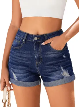 Women's Mid-High Rise Ripped Denim Shorts Stretchy Distressed Jean Shorts with Pockets Folded Hem Casual Summer Jorts