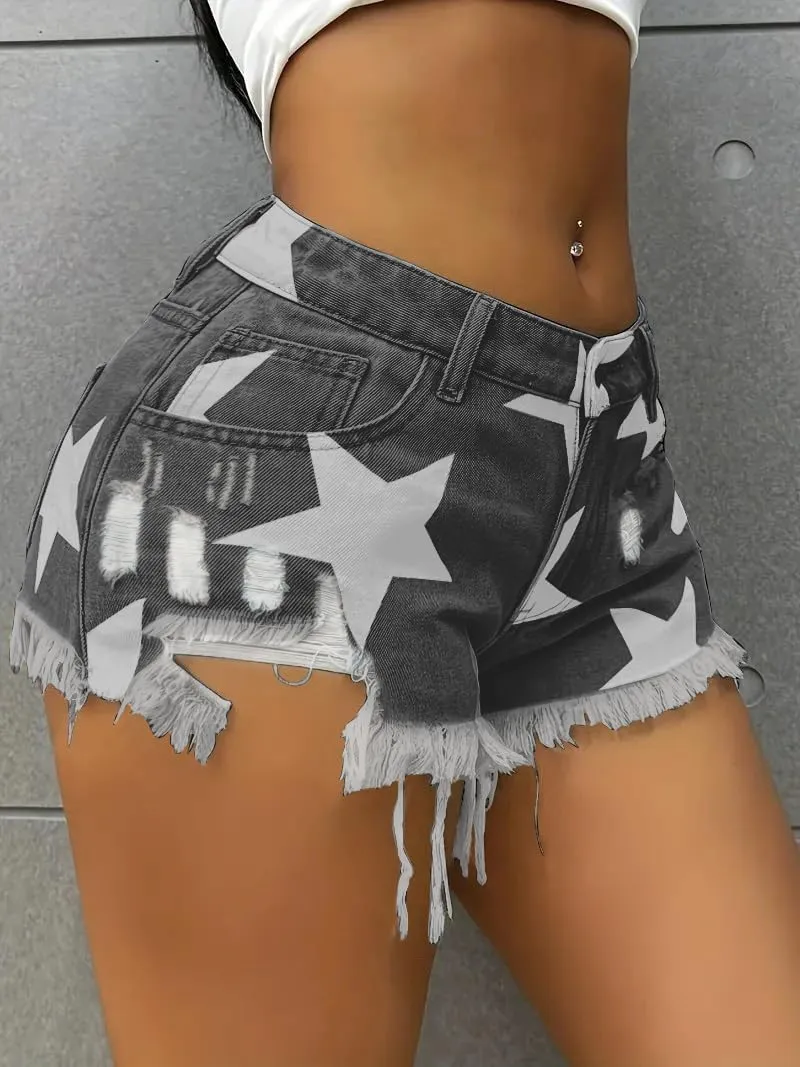 Womens Star Print Denim Shorts Fringe Ripped Cut Off Jean Shorts for Casual Summer Fashion