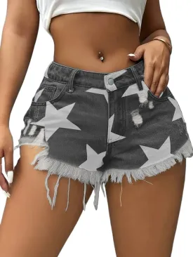 Womens Star Print Denim Shorts Fringe Ripped Cut Off Jean Shorts for Casual Summer Fashion